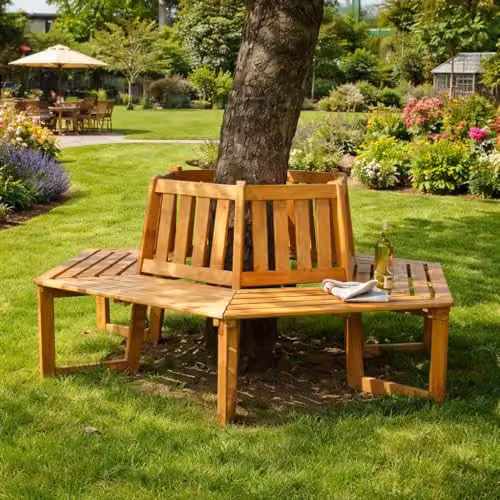Promadino Rustic Corner Garden Tree Seat Bench in Brown and Beige Treated Hardwood, W: 178 cm, D: 90 cm, H: 44 cm – 2