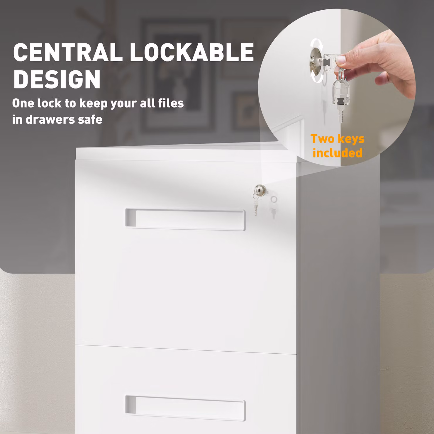 Vinsetto White Mobile Vertical File Cabinet with Lock and Adjustable Partitions for A4 and Letter Size Documents – 3
