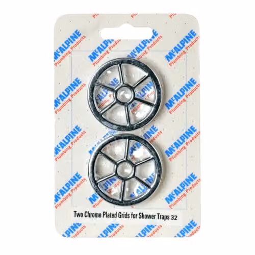 McAlpine Two Chrome Plated Round Plastic Grids for Shower Traps – 2