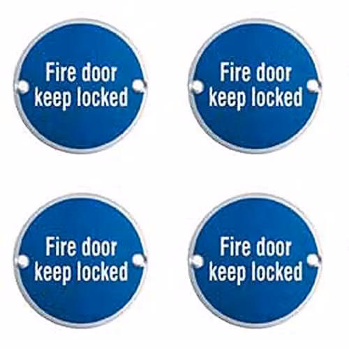 Loops 4 Pack Fire Door Keep Locked Sign in Polished Stainless Steel, Diameter: 7.6 cm, Fixing Centres: 6.4 cm – 1