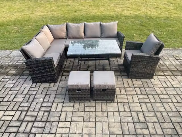 Fimous 9 Seater Rattan Garden Dining Set with Corner Sofa and 2 Footstools, Dark Grey Mixed