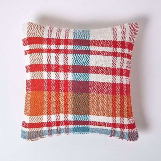 Homescapes Falun Tartan Cotton Cushion Cover, Red, W/D/H: 45 x 45 x 45 cm