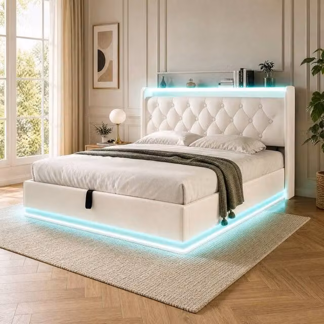 STILVORA Double Ottoman Bed in White with LED Lighting, USB Charging Ports and Bedside Shelf, W/D/H: 140 x 200 cm