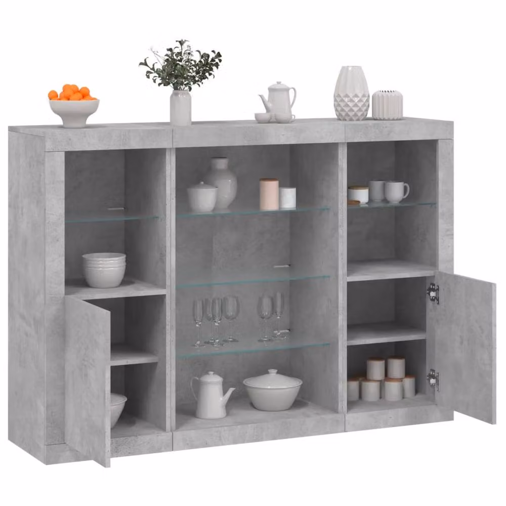 Berkfield Home Set of 3 Modern Sideboards with Integrated LED Lighting in Matt Concrete Grey MDF – 1