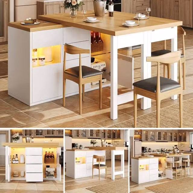 Matteo White Extendable Sideboard and Dining Table Combo with Integrated LED Lights