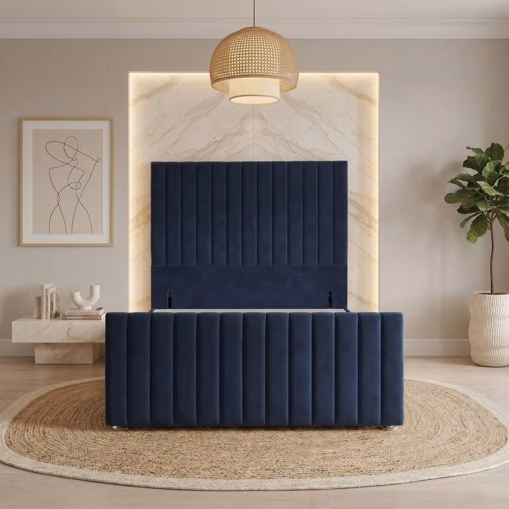 Somnior Eleanor Velvet Divan Base with 54 inch Headboard and 22 inch Footboard, Blue, W/D/H: 120 x 200 cm – 2