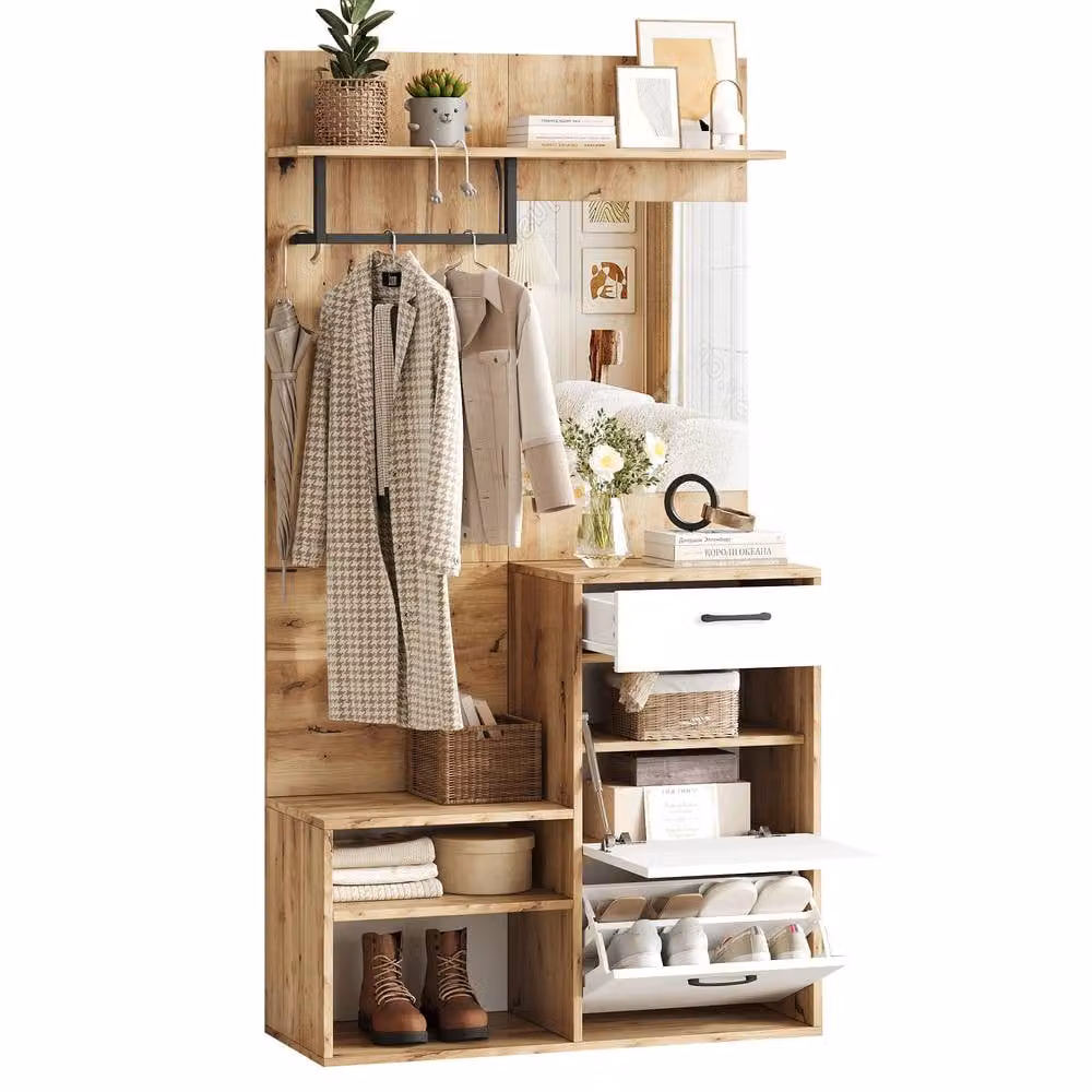 Merax Entryway Cloakroom Unit with Mirror, Coat Rack, Shoe Bench and Drawer in Natural and White, W/D/H: 120 x 38.5 x 190 cm – 5