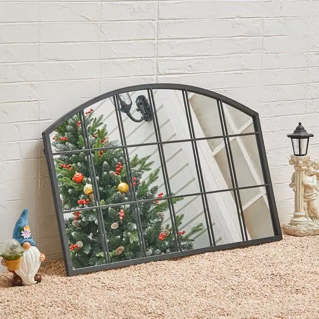 Livingandhome Arched Window Wall Mirror with Metal Frame in Black
