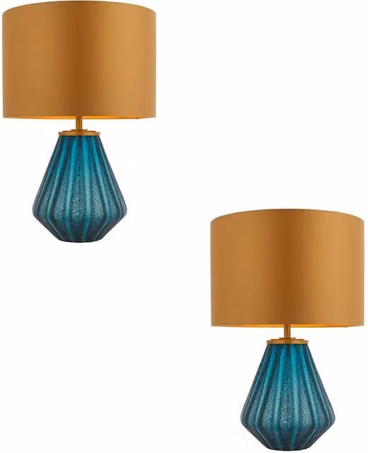Loops 2 Pack Turquoise Glass Base Table Lamps with Gold Fabric Shades and Black Details – 1