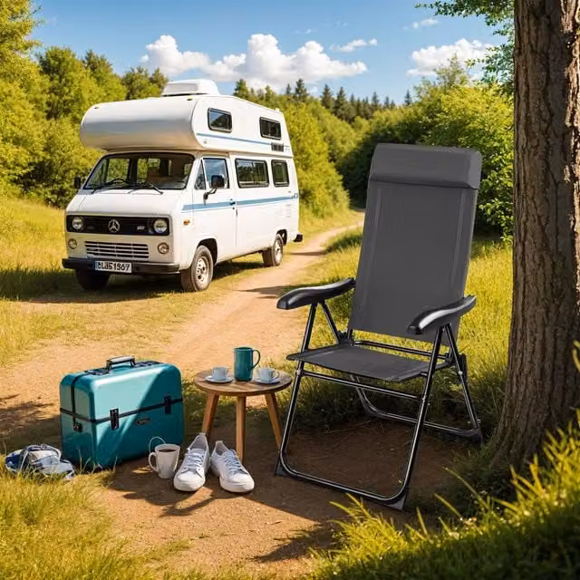 TECTAKE Folding Camping Chair with Armrests and Adjustable Headrest in Anthracite Grey