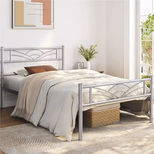 Yaheetech Modern Metal Bed Frame in Glossy Silver, W/D/H: 90 x 190 cm