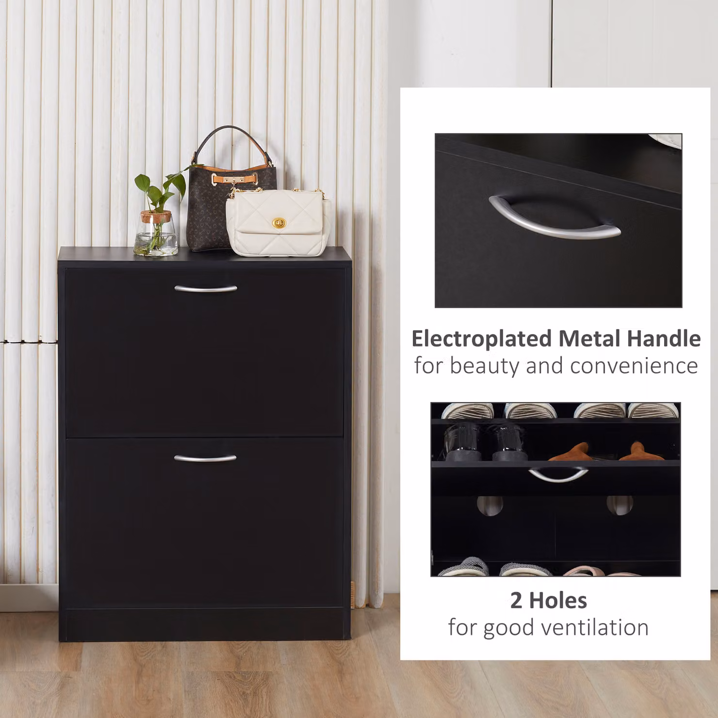 HOMCOM Modern Black Wood Shoe Cabinet with 2-Tier Tilting Compartments and Drawer for Hallway Organisation – 5