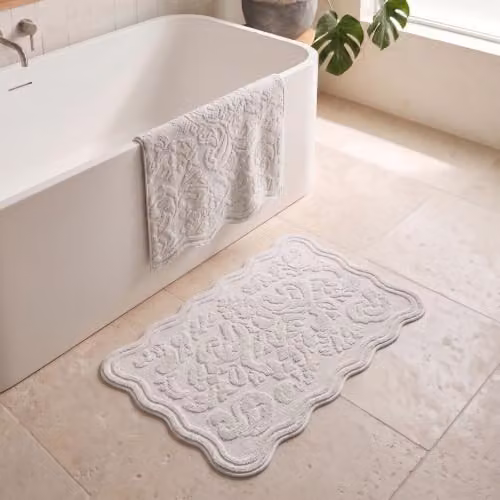 Allure Bath Fashions Gracie Jacquard Scalloped Bath Mat in Grey, 100% Cotton Vintage Floral Rectangular Rug – 2