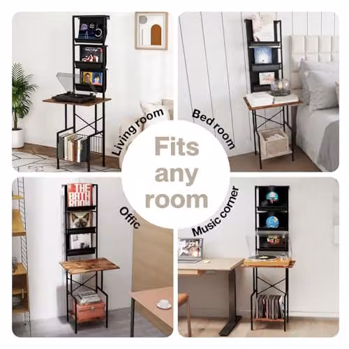Levede Freestanding Vinyl Record Storage Cabinet with 2 Shelves and 3 Fabric Racks in Brown and Black – 8