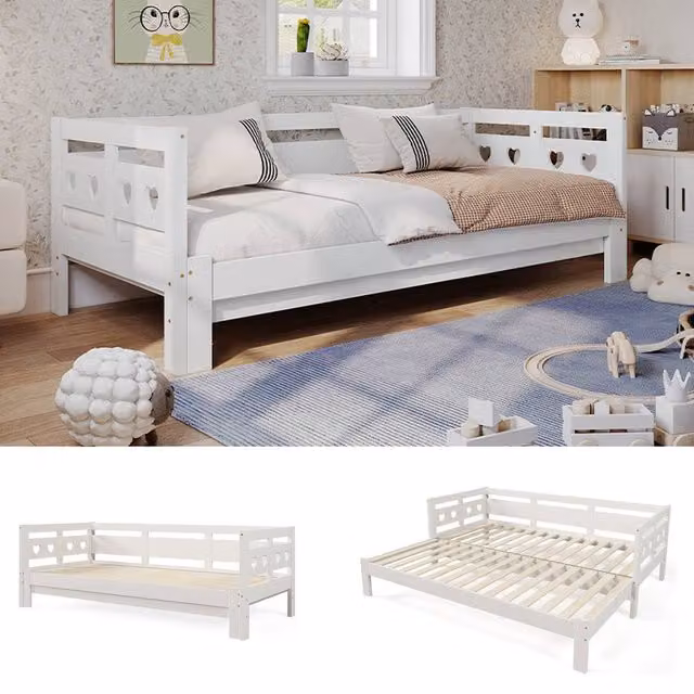 Rolipo White Wooden 3FT Single Daybed with Pull Out Trundle Guest Bed, W/D/H: 90 x 190 cm – 1