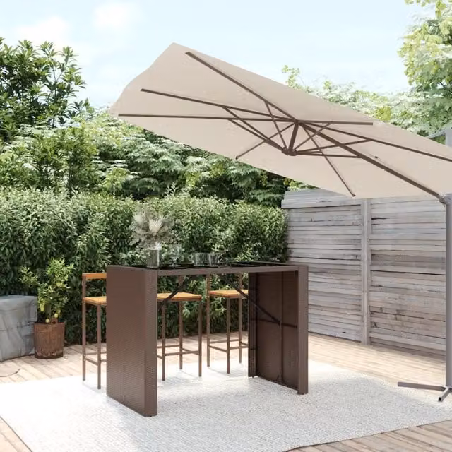 Berkfield Home Bar Table with Glass Top in Brown Poly Rattan, W/D/H: 145 x 80 x 110 cm
