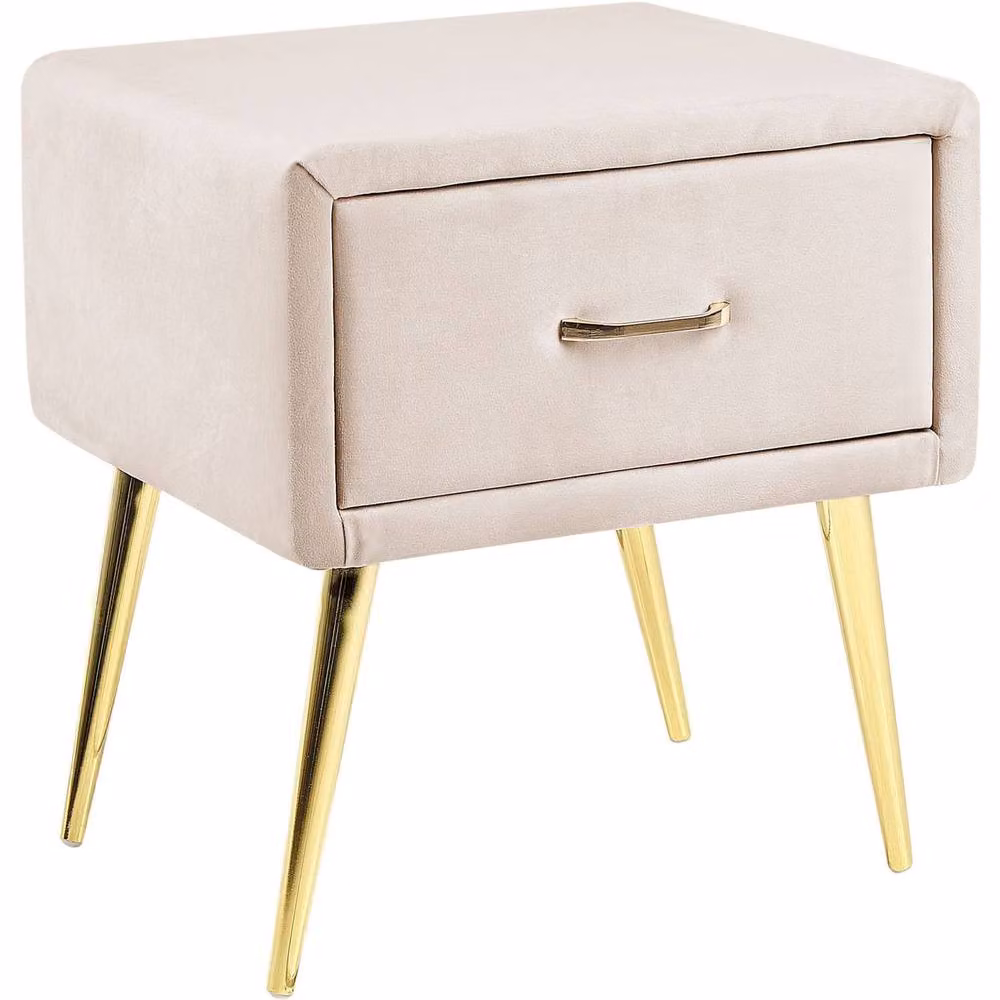 Wyld and Coco Beige Minimalist Bedside Table with Gold Metal and Glass Details – 2