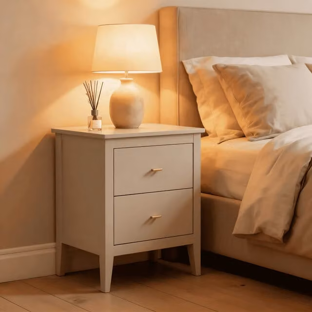 Home Source Grace 2 Drawer Bedside Table in Greige with Gold Bar Handles