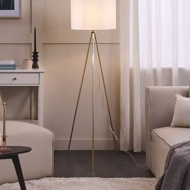 Wyld and Coco Home Gold Tripod Floor Lamp with White Cylinder Fabric Shade, Height: 148 cm – 1