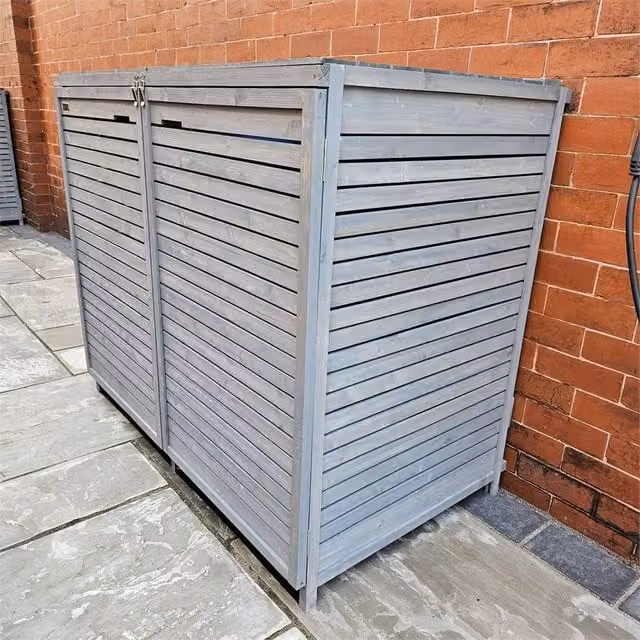 SPETLEK Grey Wooden Double Wheelie Bin Storage for 2 Bins, W: 135 cm, D: 114 cm, H: 74 cm – 1