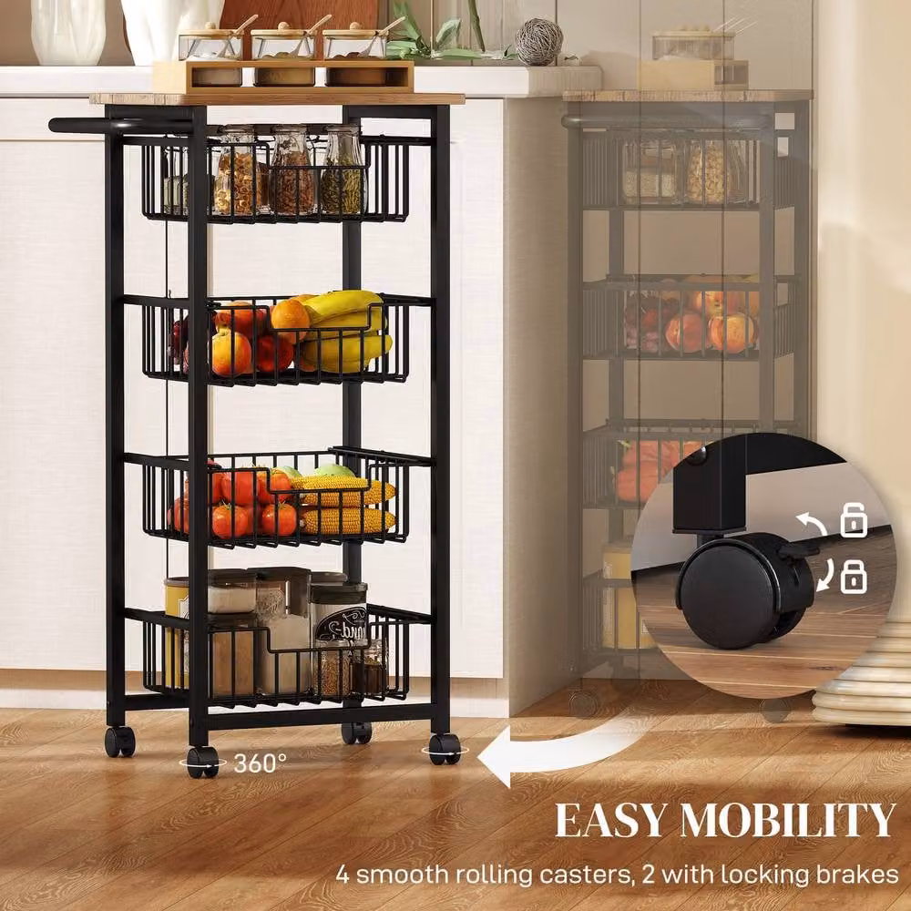 HOMCOM 4-Tier Kitchen Island on Wheels with 4 Pull-Out Baskets, Light Oak – 3