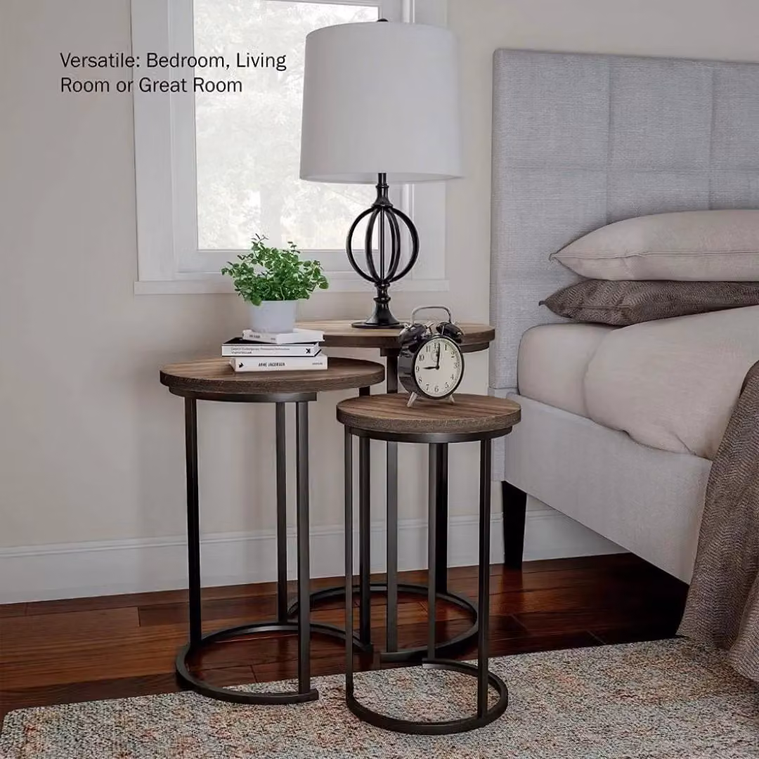 Hygrad Set of 3 Round Vintage Nesting Side Tables in Brown and Black Wood and Steel – 3