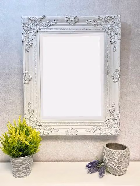 Downton Interiors Antique White Wood Frame Rectangular Wall Mirror with Bevelled Glass W: 53 cm, H: 43 cm