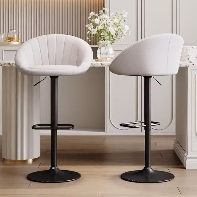 Komore Set of 2 Modern Linen Swivel Bar Stools in Beige and Black