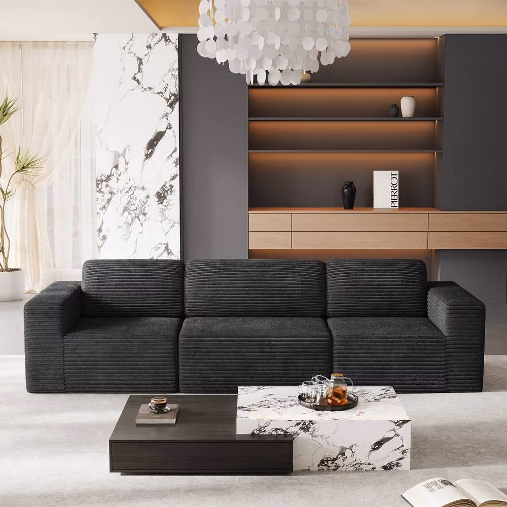 Dprodo Black Corduroy Modular L-Shape Sofa with Matching Ottoman and Removable Covers – 7
