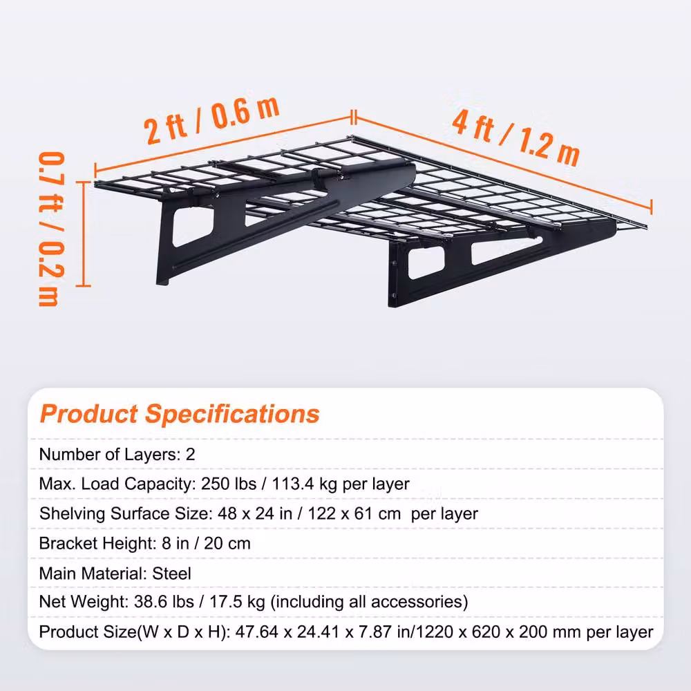 VEVOR Black Metal Wall Mounted Garage Shelves with Hanging Rod, W/D/H: 121.92 x 60.96 x 20.0 cm – 4