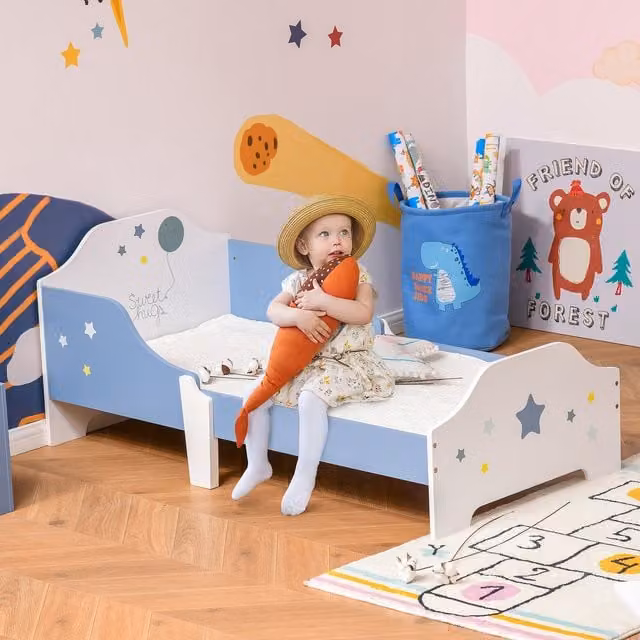 HOMCOM Kids Star and Balloon Single Bed Frame with Safe Guardrails and Slats, Blue and White, W/D/H: 90 x 200 cm