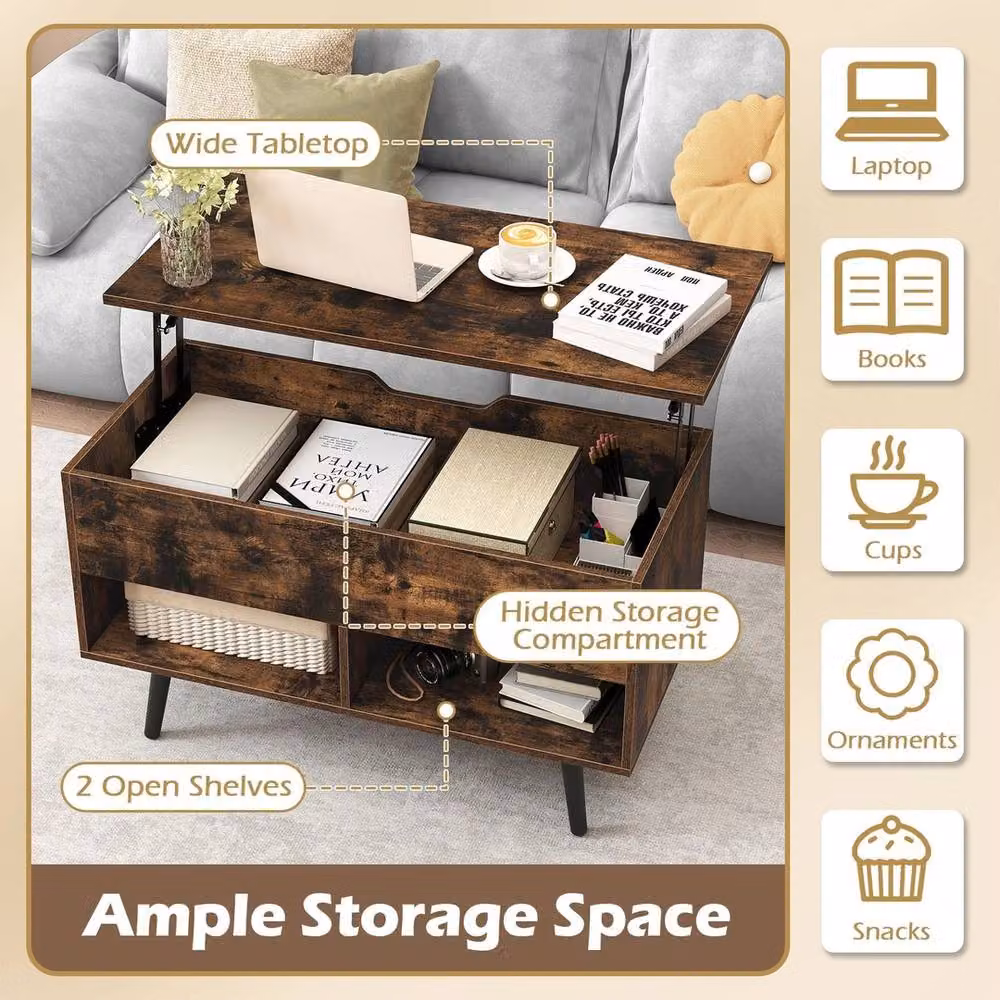 VOGREX Brown Mid-Century Rectangular Lift Top Coffee Table with Shelves – 5