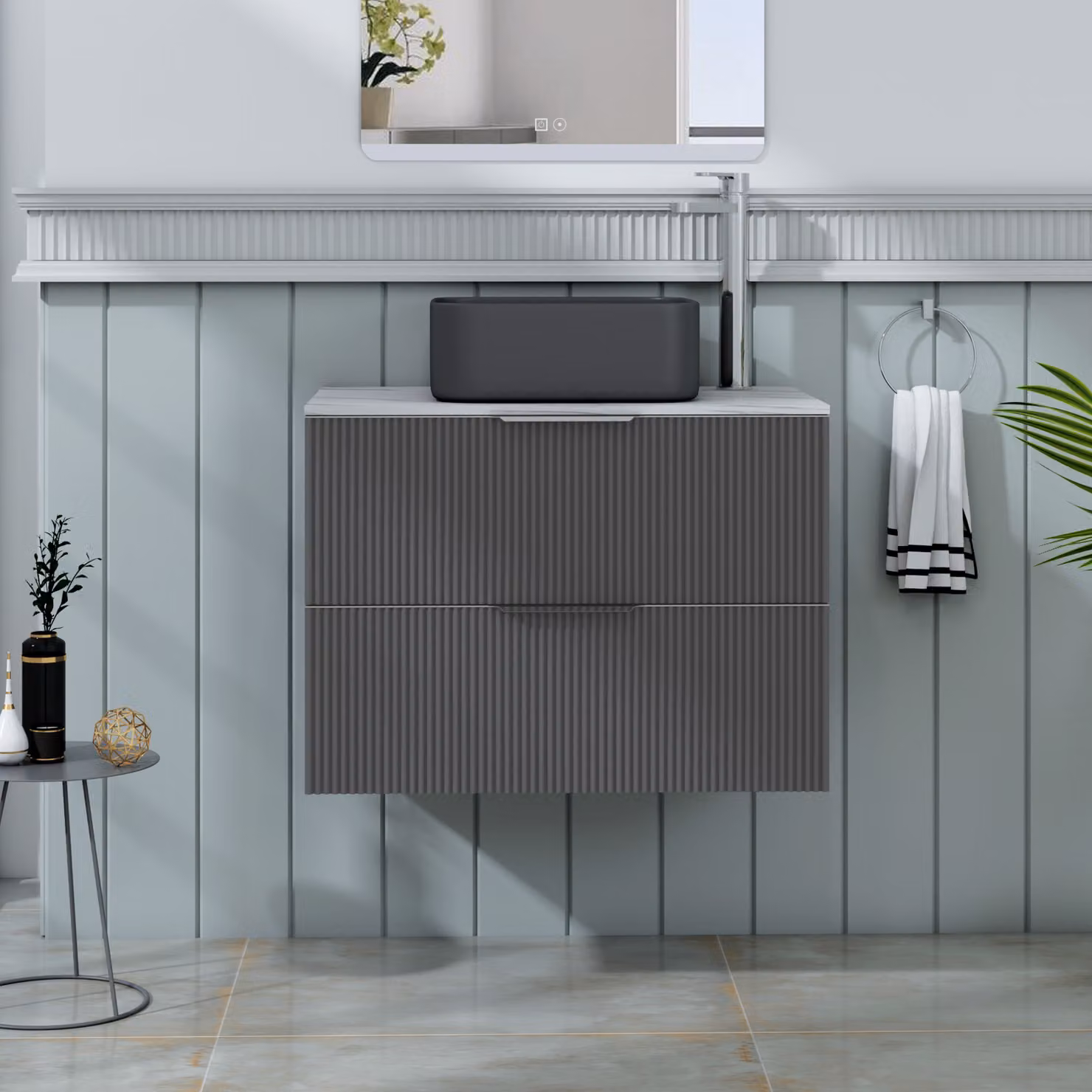 Royal Bathrooms Evora 700mm Graphite Grey Fluted Wall Hung Countertop Vanity Unit with 2 Drawers and Art Square Basin