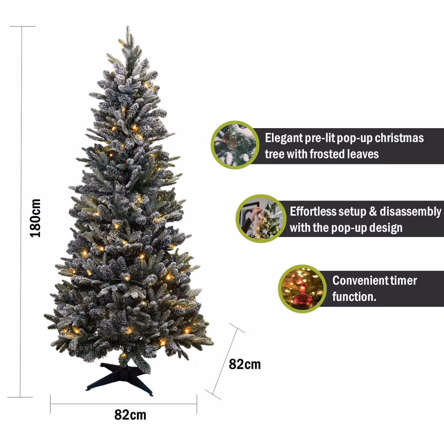 Pegdev Christmas Rapid Pop Up Collapsible Pre Lit Frosted Pine Tree with 100 Warm LEDs and Timer, Green, Height: 1.8 m – 2