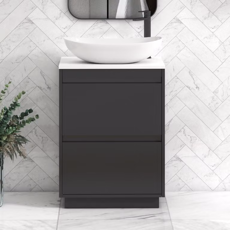 Royal Bathrooms Orion 600mm Matt Obsidian Black and Plain White Floor Standing Vanity Unit with Cesar Basin and Black Accent Trim