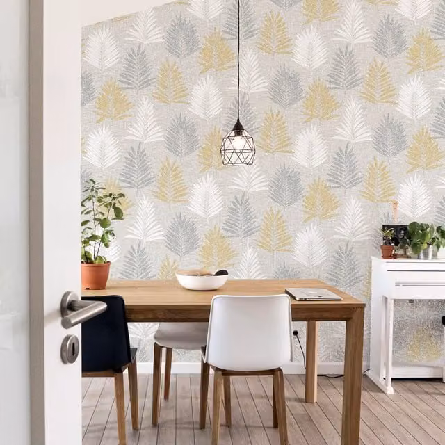 Arthouse Linen Palm Wallpaper in Ochre and Grey