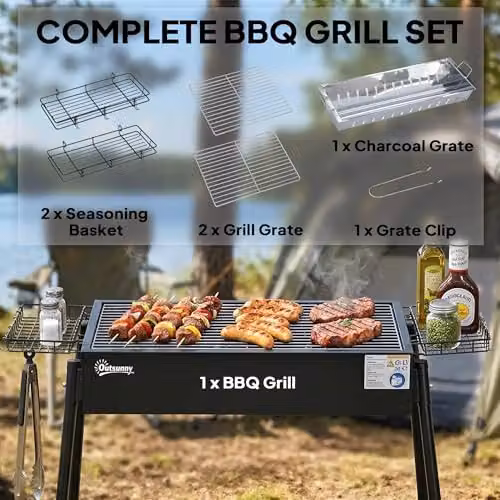 Outsunny Portable Charcoal Barbecue Grill with Seasoning Baskets and Hooks, Black – 3