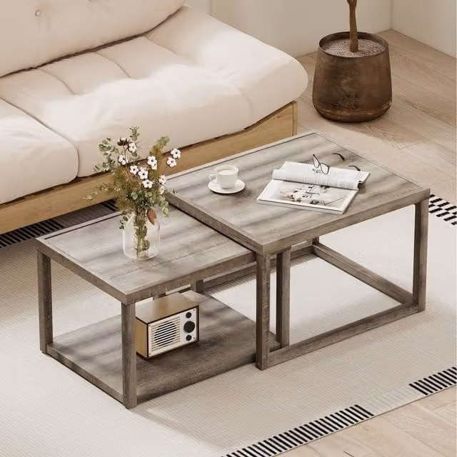 COSTWAY Grey Rustic Rubberwood Nesting Coffee Table Set