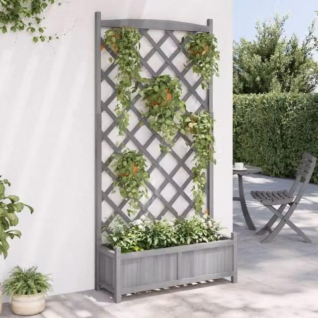 Berkfield Home Grey Solid Wood Planter with Trellis, W: 90 cm, D: 35 cm, H: 180 cm – 1
