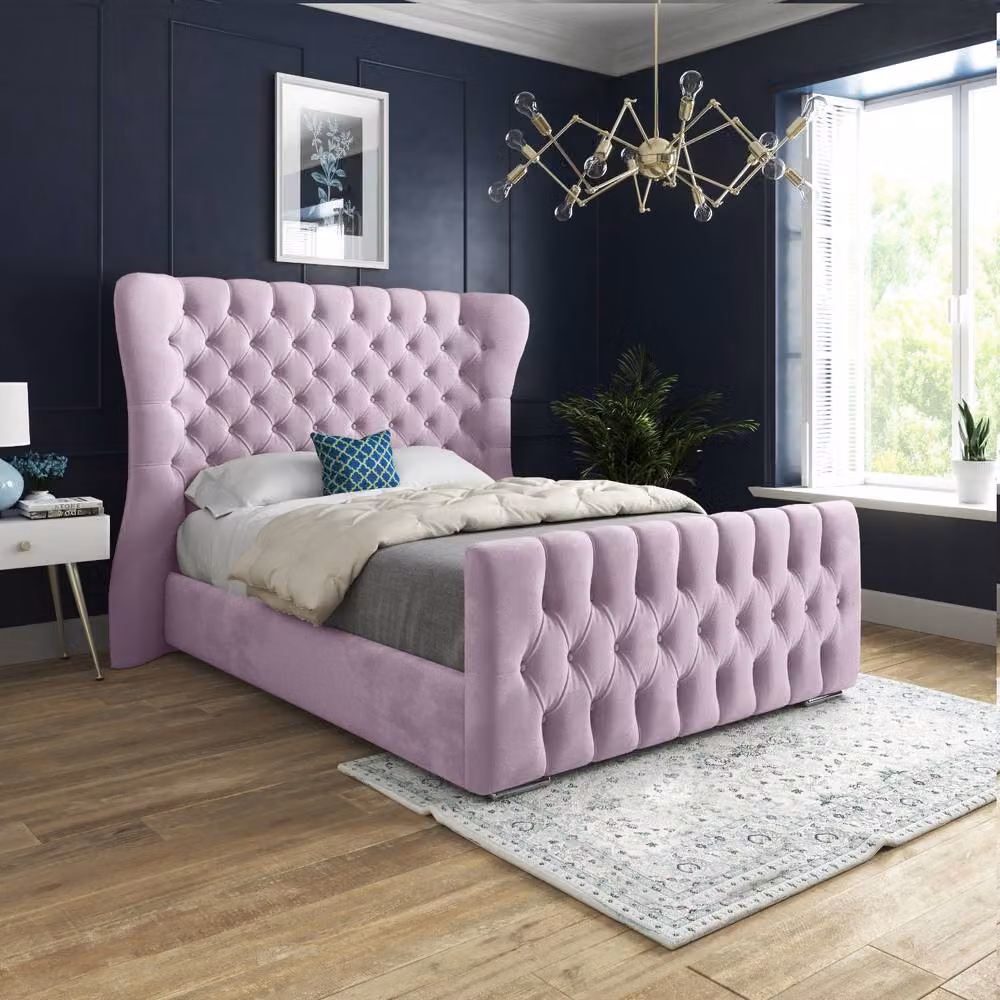 Casani Reydon Upholstered Velvet Designer Bed Frame in Pink, W/D/H: 144 x 137 x 200 cm – 2