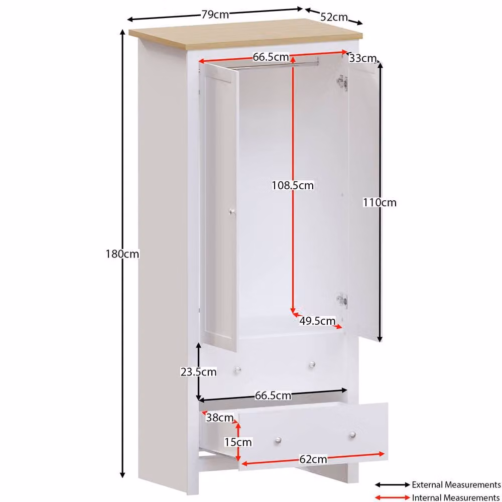 HD Designs Arlington 2 Door 2 Drawer Wardrobe in White, H 180 cm x W 79 cm x D 52 cm – 2