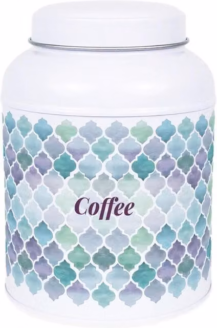 Purely Home Arabesque Tile Coffee Canister with Small Domed Lid in White and Multicolour Metal