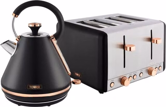 Tower Cavaletto 1.7L Kettle and 4 Slice Toaster Set in Blue and Black Stainless Steel
