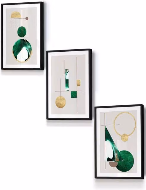 ARTZE Abstract Geometric Textured Wall Art in Green, Gold, White and Black with Black Frame, W: 33 cm, H: 45 cm, D: 2 cm