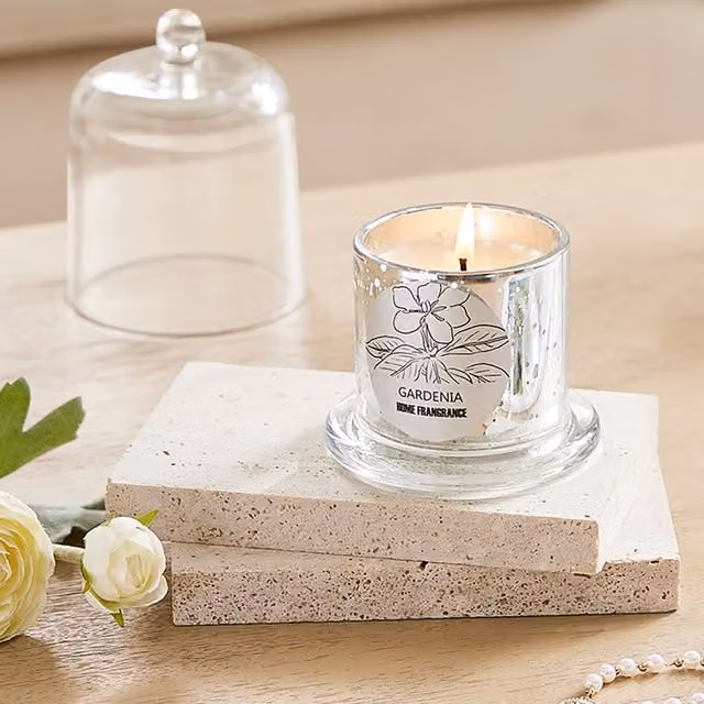 Komore Silver Floral Scented Plant-Based Wax Votive Candle with Glass Cloche