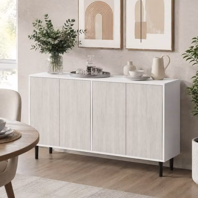 STILVORA Modern White Freestanding Storage Cabinet with 4 Hinged Doors and Internal Shelves, W/D/H: 121 x 37 x 75 cm