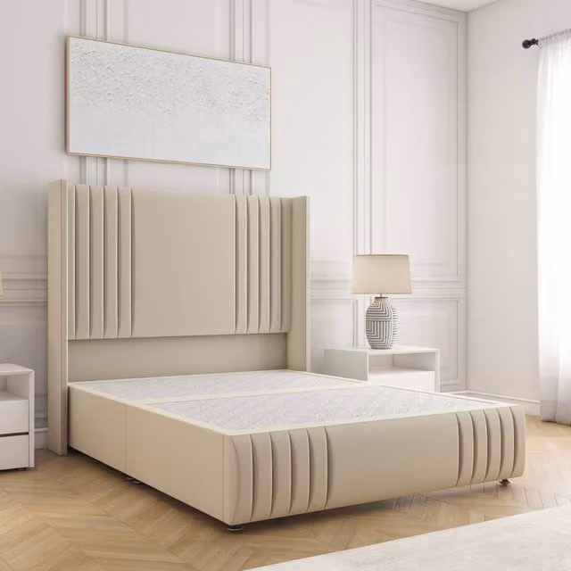 BSSPOKE Peyton Divan Bed in Beige Plush Velvet with 54 inch Headboard, W/D/H: 90 x 190 cm