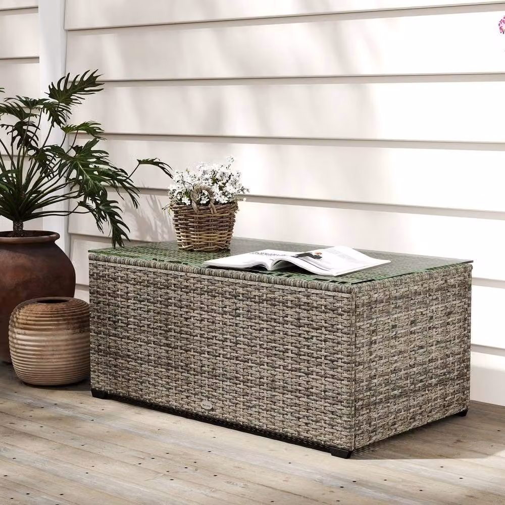 ERGOVEXA Modern Rectangular Glass-Top Polyrattan Side Table in Grey, W: 90 cm, D: 50 cm – 4