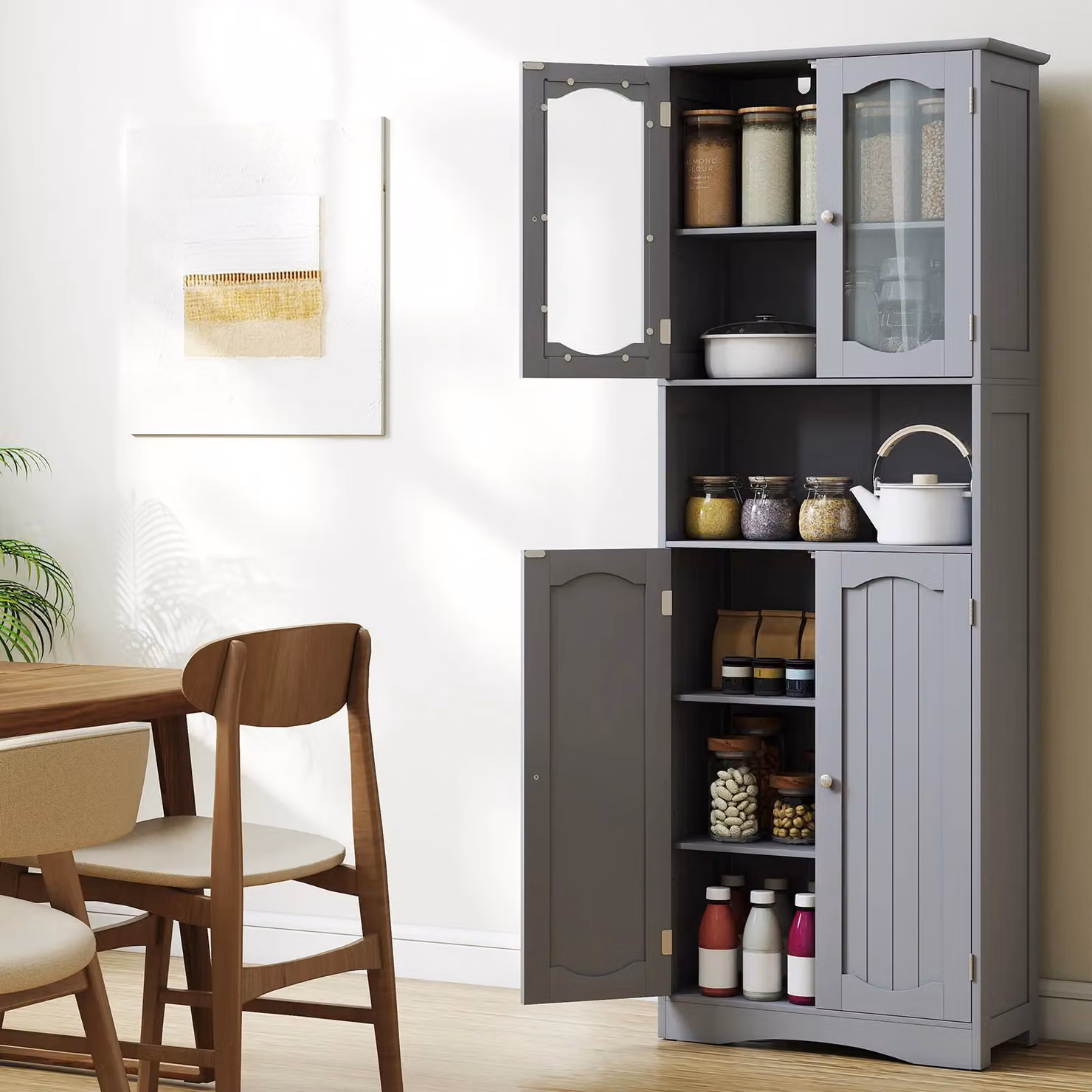 Costway Tall Grey Bathroom and Kitchen Storage Cabinet with Tempered Glass Doors – 4