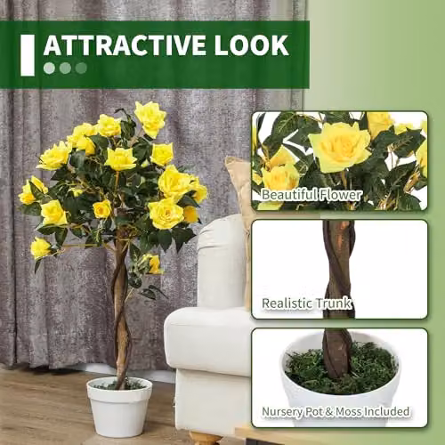 Outsunny Set of 2 Yellow Artificial Rose Trees, 90 cm Height – 4